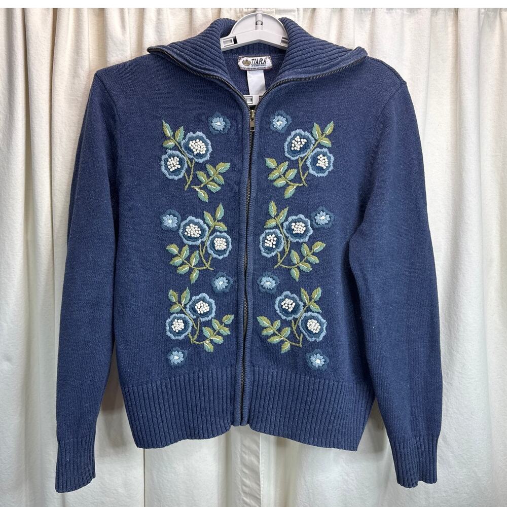 Tiara International Embroidered Floral Vintage Zip Up Sweater Cardigan Medium